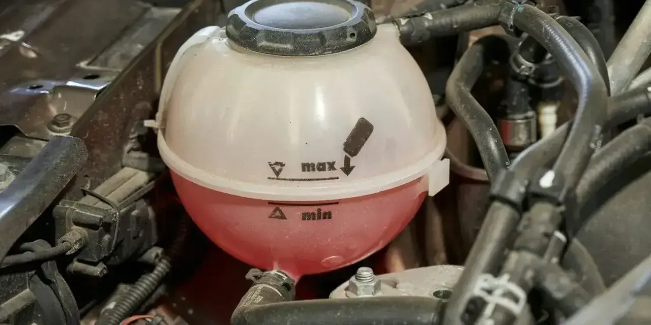 Zbiorniczek płynu chłodniczego z oznaczeniami min/max. Czy układ chłodzenia sam się odpowietrzy po wymianie płynu?