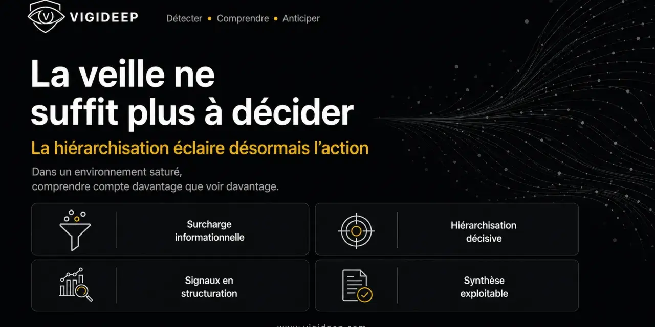 La veille ne suffit plus. L'image illustre la hiérarchisation comme clé pour passer de la surcharge informationnelle à une synthèse exploitable, permettant de prendre des décisions éclairées.