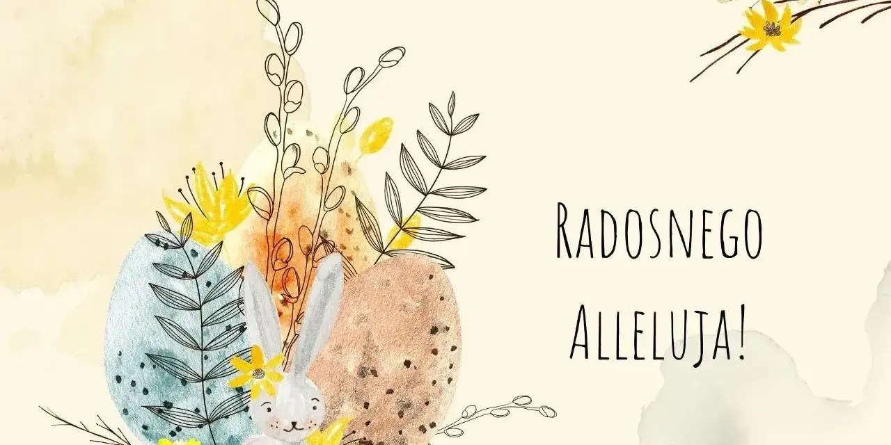 Uroczy zajączek z kwiatami i pisankami, otoczony wiosennymi gałązkami. Tekst: "Radosnego Alleluja!". Tradycyjne życzenia wielkanocne.