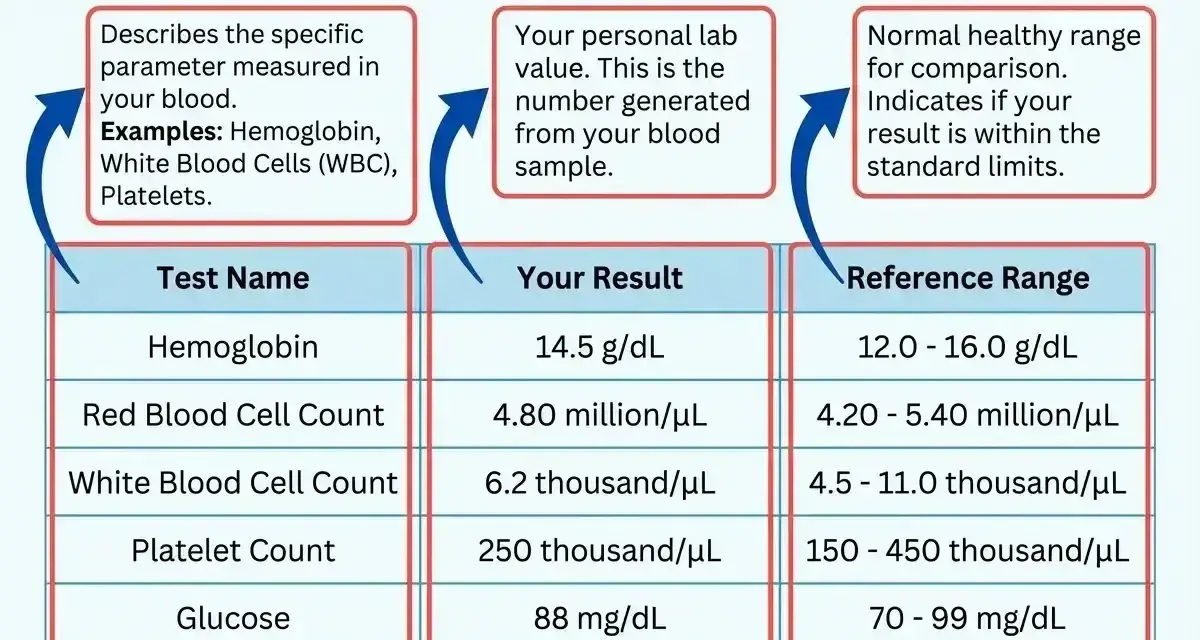 Przykładowy raport z badania krwi, pokazujący wyniki posiewu krwi, takie jak hemoglobina, liczba czerwonych i białych krwinek, płytki krwi, glukoza i cholesterol, wraz z normami.
