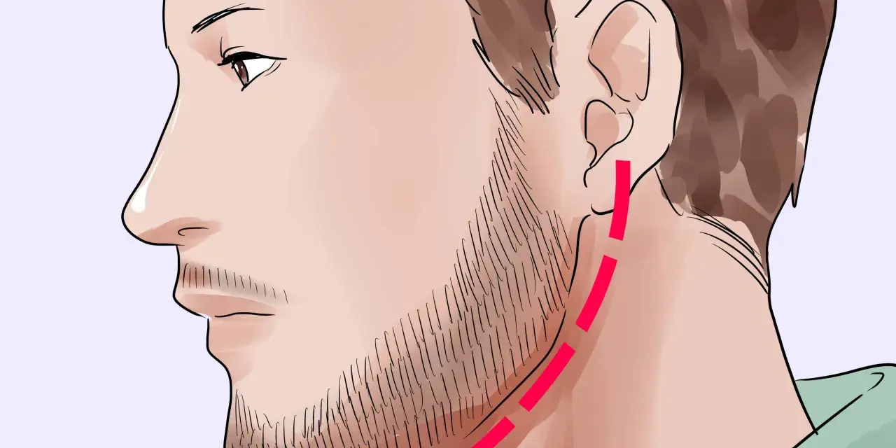 Perfil de hombre con barba incipiente y línea roja indicando cómo tener barba completa.