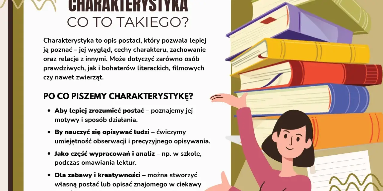 Co to charakterystyka? To opis postaci, jej wyglądu, cech, zachowania i relacji. Pomaga zrozumieć motywy, ćwiczy obserwację i analizę.