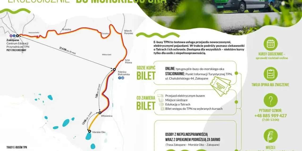 E-busy TPN do Morskiego Oka: sprawdź cennik i trasy na tpn.gov.pl. Ekologiczne przejazdy po Tatrach.