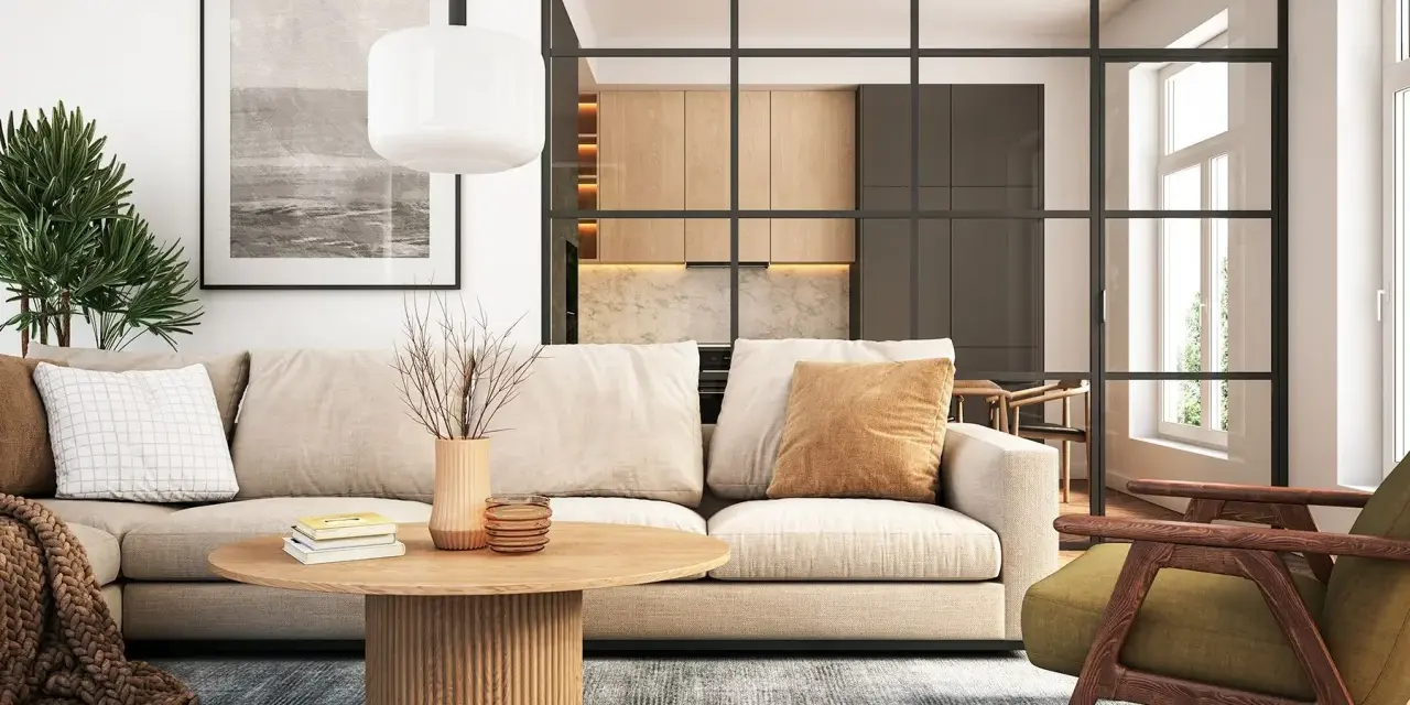 Gemütliche wohnideen wohnzimmer: Beige Sofa, Holztisch, grüner Sessel und eine offene Küche hinter Glas.