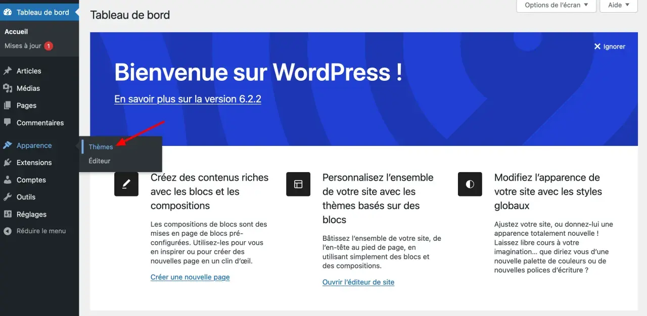 Tableau de bord WordPress, menu "Apparence" ouvert, flèche rouge pointant vers "Thèmes" pour installer un thème.