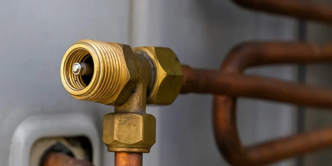 Mosiężny zawór schrader z miedzianymi rurkami, element układu klimatyzacji.