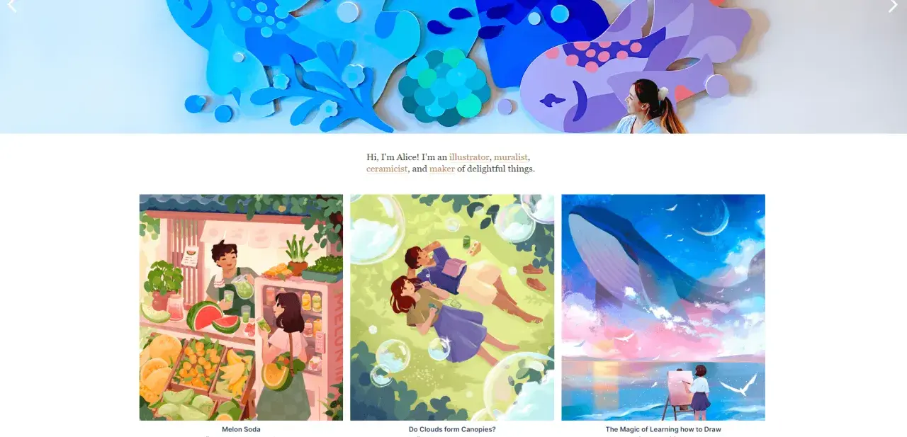 Alice, une artiste, crée des illustrations vibrantes, dont une scène de marché de fruits et une jeune fille peignant une baleine volante.