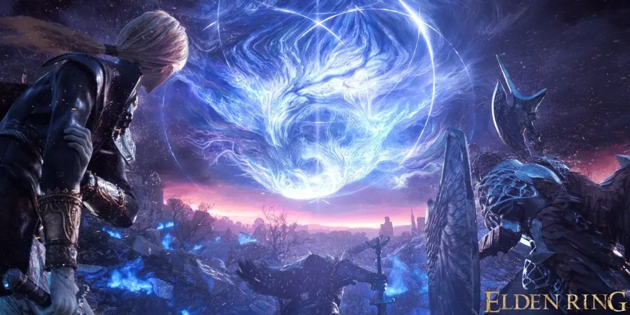 Un guerrero con túnica mira un vórtice azul brillante en el cielo. En el primer plano, un caballero con armadura se enfrenta a un enemigo imponente. Elden Ring Nightreign.