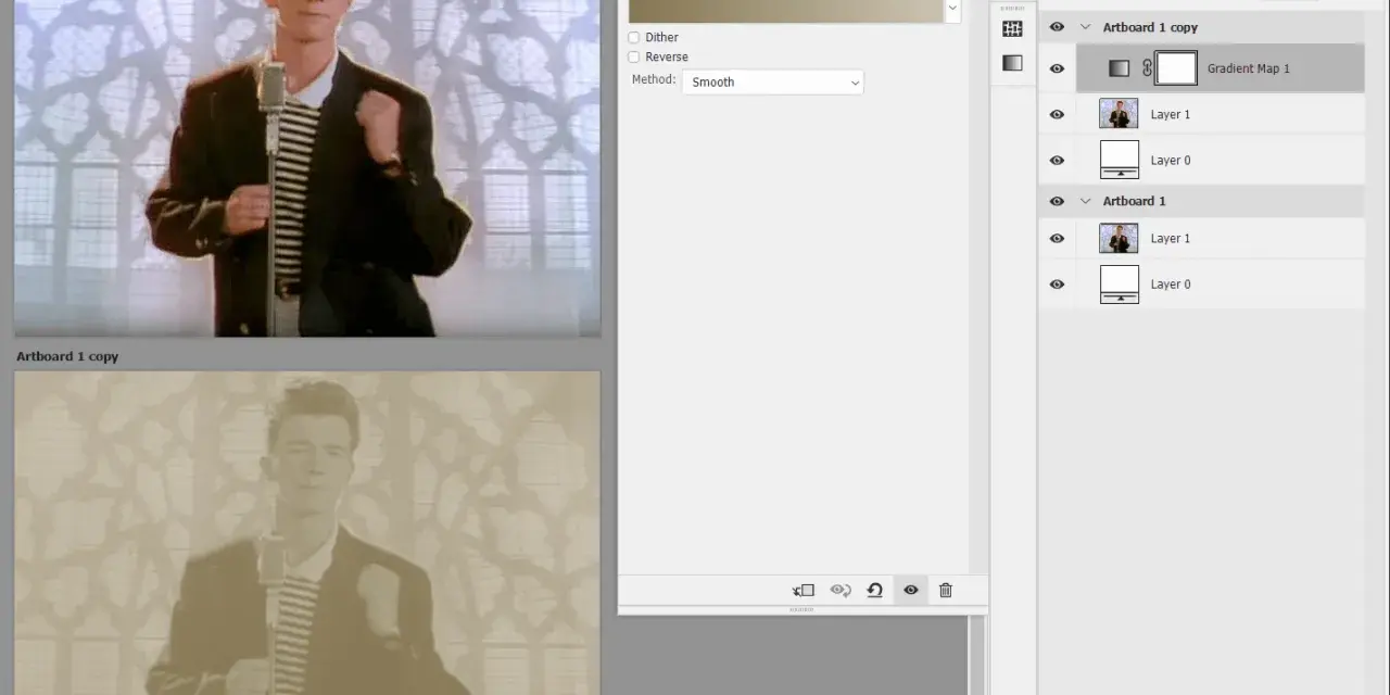 Rick Astley w kadrze, z efektem złoty kolor photoshop. Widoczny panel warstw i właściwości.