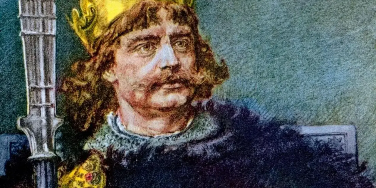 Portret Bolesława Chrobrego, pierwszego króla polskiego, w koronie i z berłem.