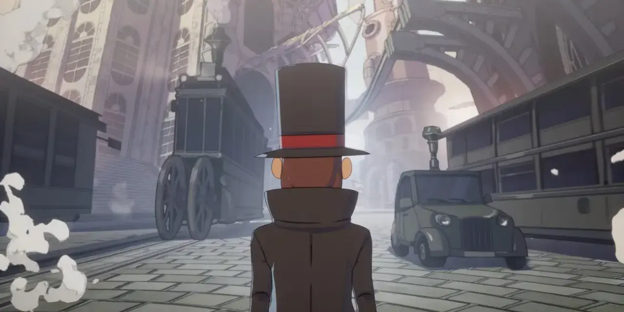 El Profesor Layton explora un mundo a vapor con trenes y un coche retro.