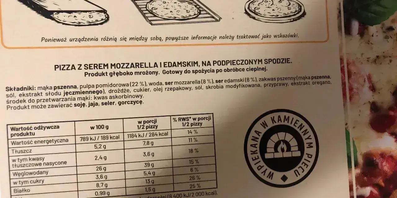 Instrukcja przygotowania mrożonej pizzy: wyjmij, piecz 10 min w 180-200°C. Ile piec pizzy? Do zarumienienia sera.