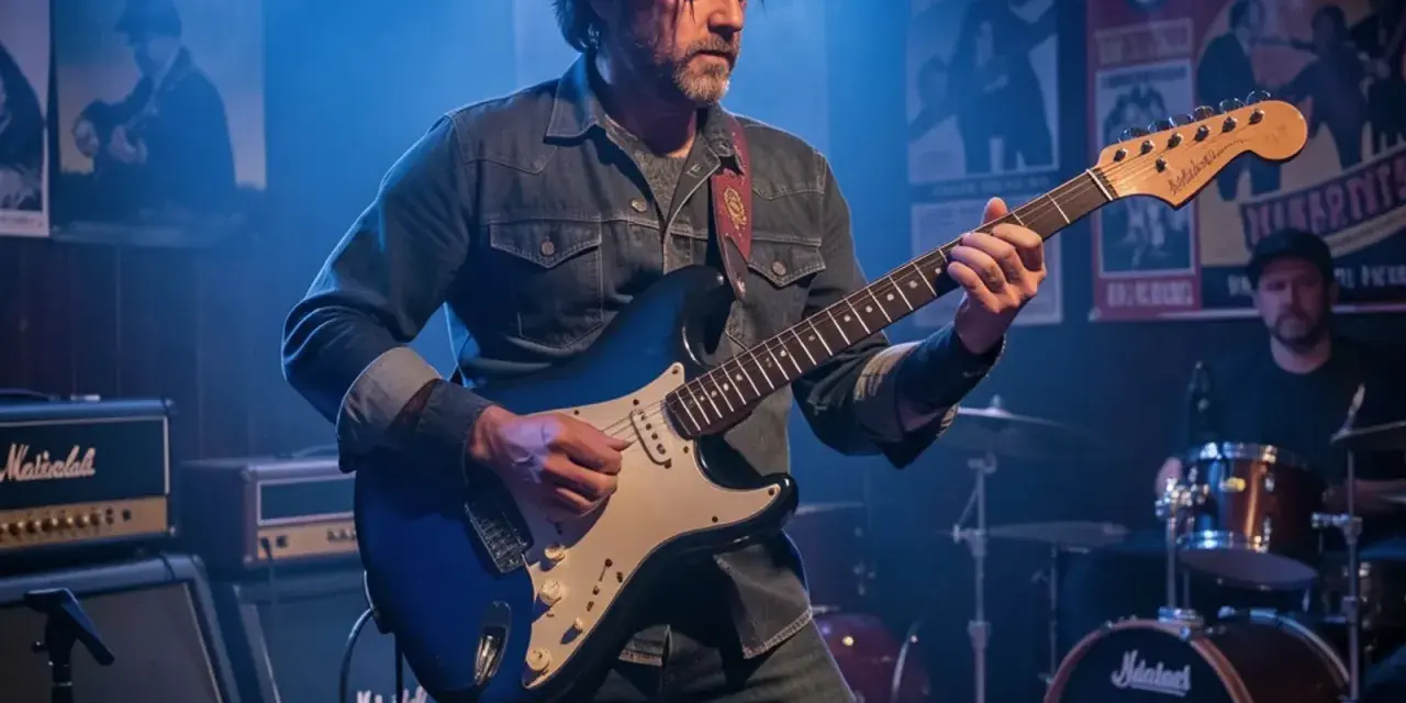 Un guitariste joue sur scène, évoquant l'esprit de qui a inventé le blues. Des affiches de concerts et des amplis Marshall créent une ambiance rock.
