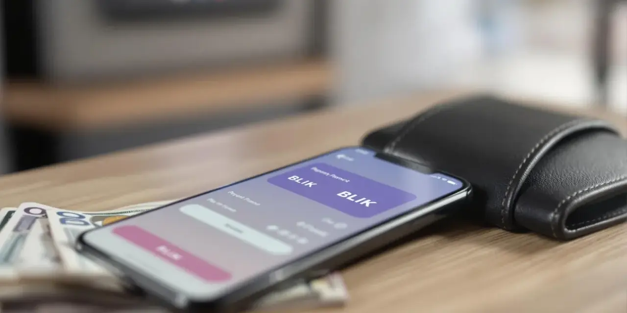 Smartfon z aplikacją BLIK, obok portfel i banknoty na drewnianym stole.