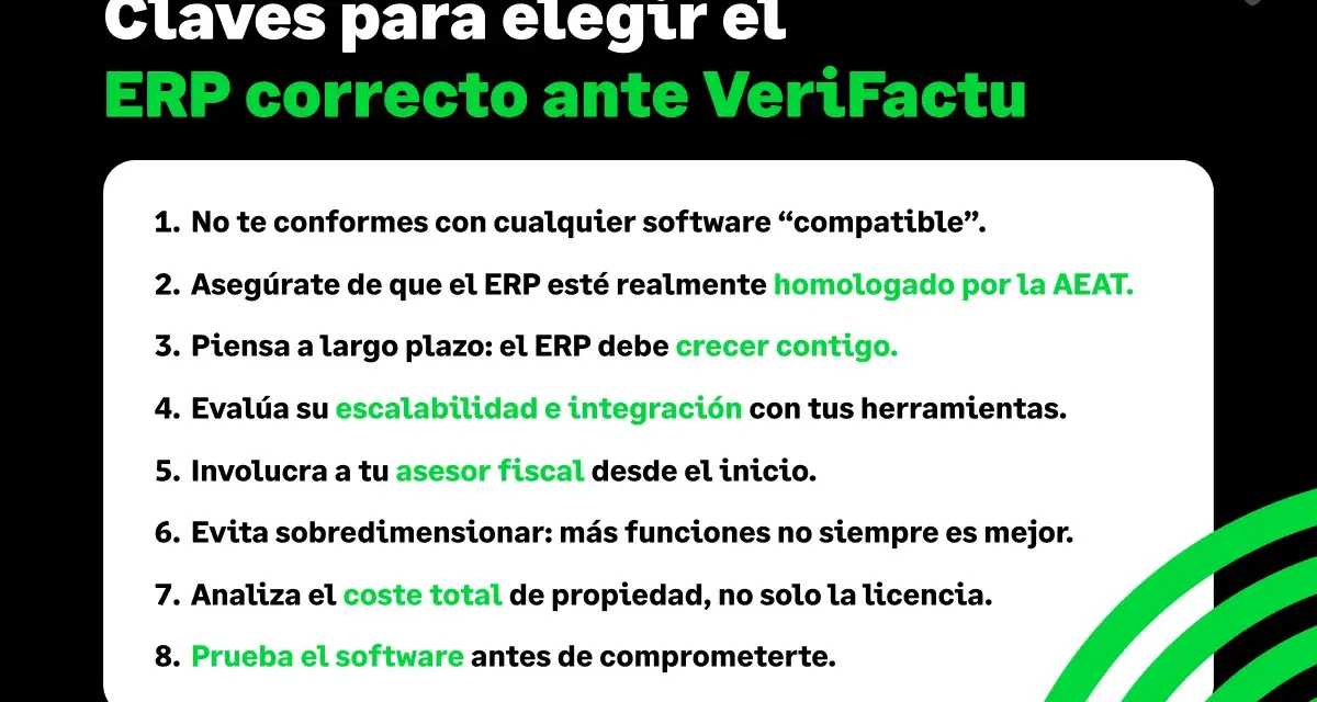 Claves para elegir un ERP correcto, incluyendo aspectos de erp facturacion, homologación AEAT, escalabilidad, asesor fiscal y coste total.