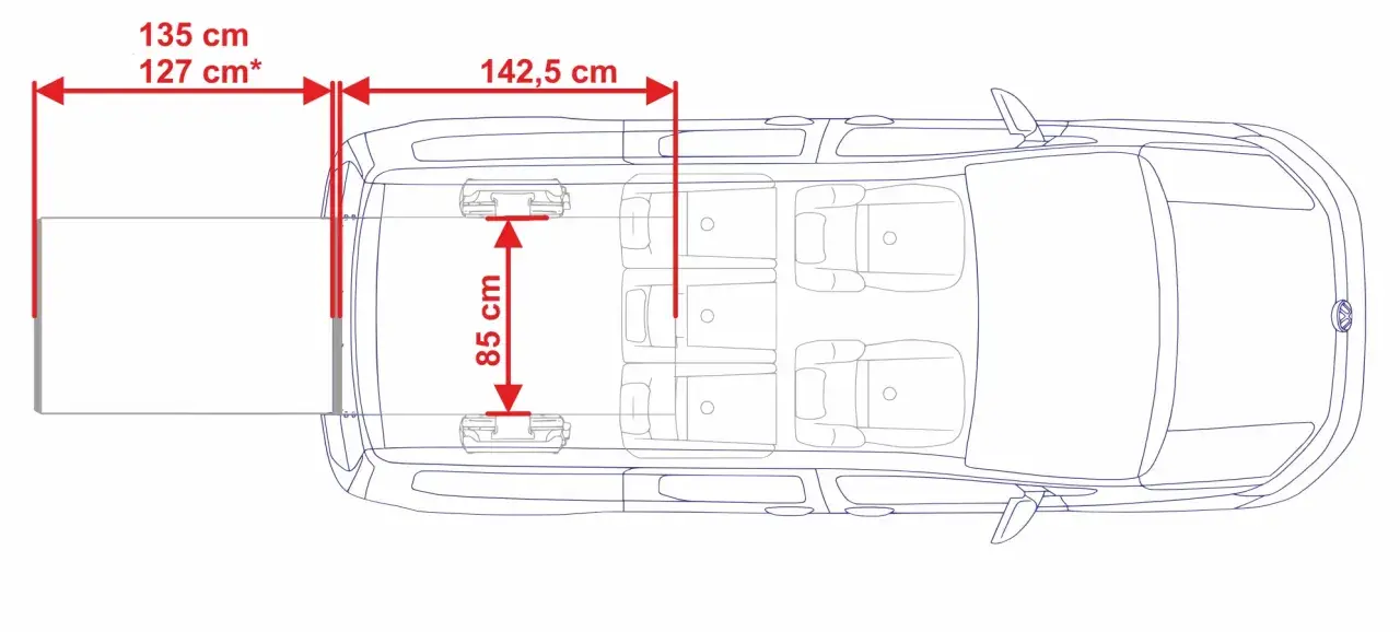 Wymiary VW Caddy Long: 135 cm (ładunek), 142,5 cm (długość przestrzeni bagażowej), 85 cm (szerokość między nadkolami).