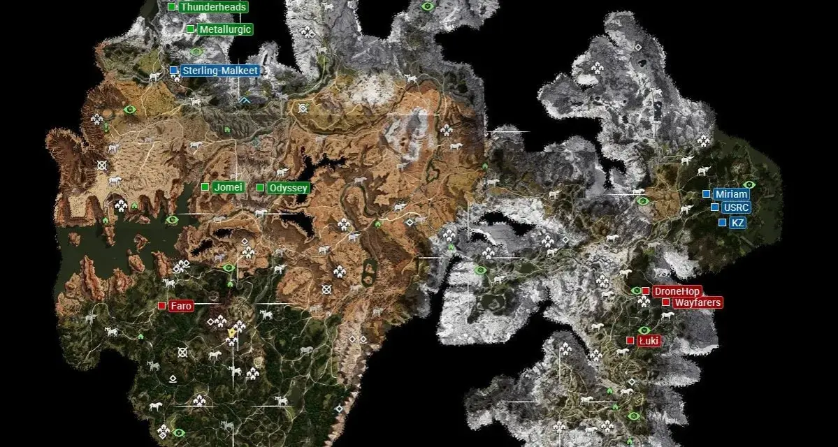 Mapa świata Horizon Zero Dawn z zaznaczonymi lokacjami, takimi jak Thunderheads, Metallurgic, Sterling-Malket, Jomei, Odyssey, Faro, Miriam, USRC, KZ, DroneHop, Wayfarers i Łuki.