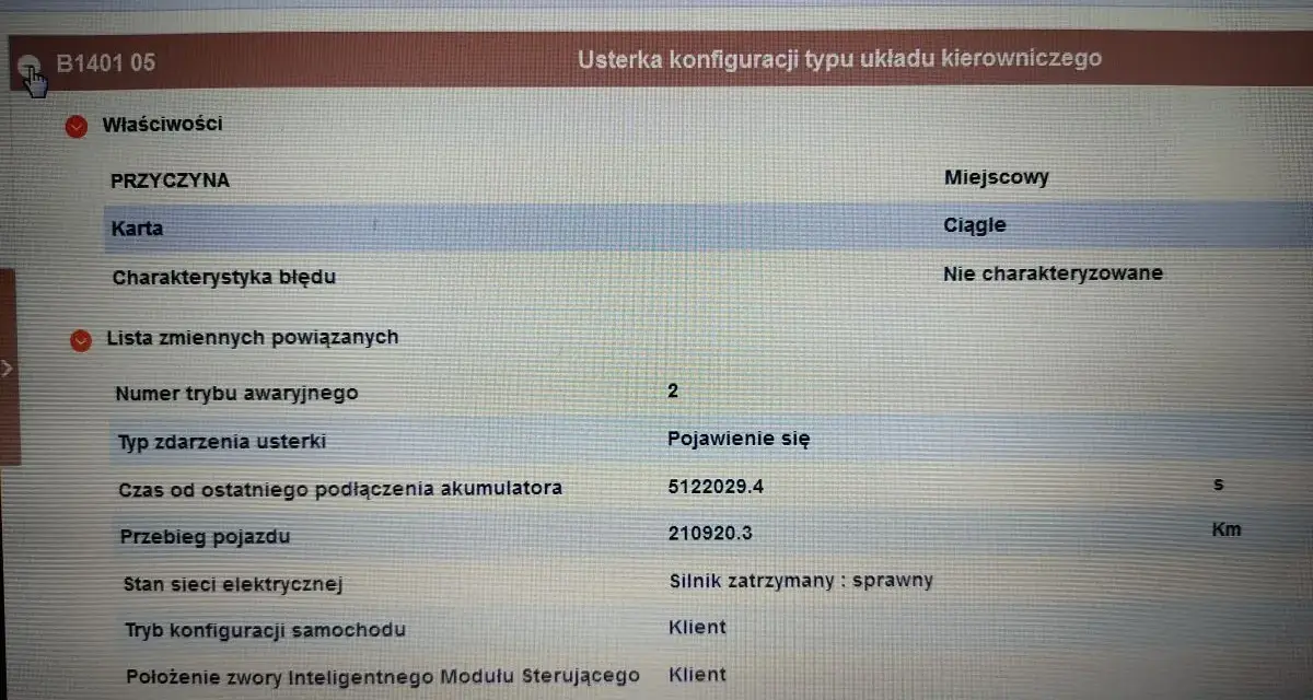 Błąd DTC B1401 w Renault: Usterka konfiguracji układu kierowniczego, ciągła, silnik zatrzymany.