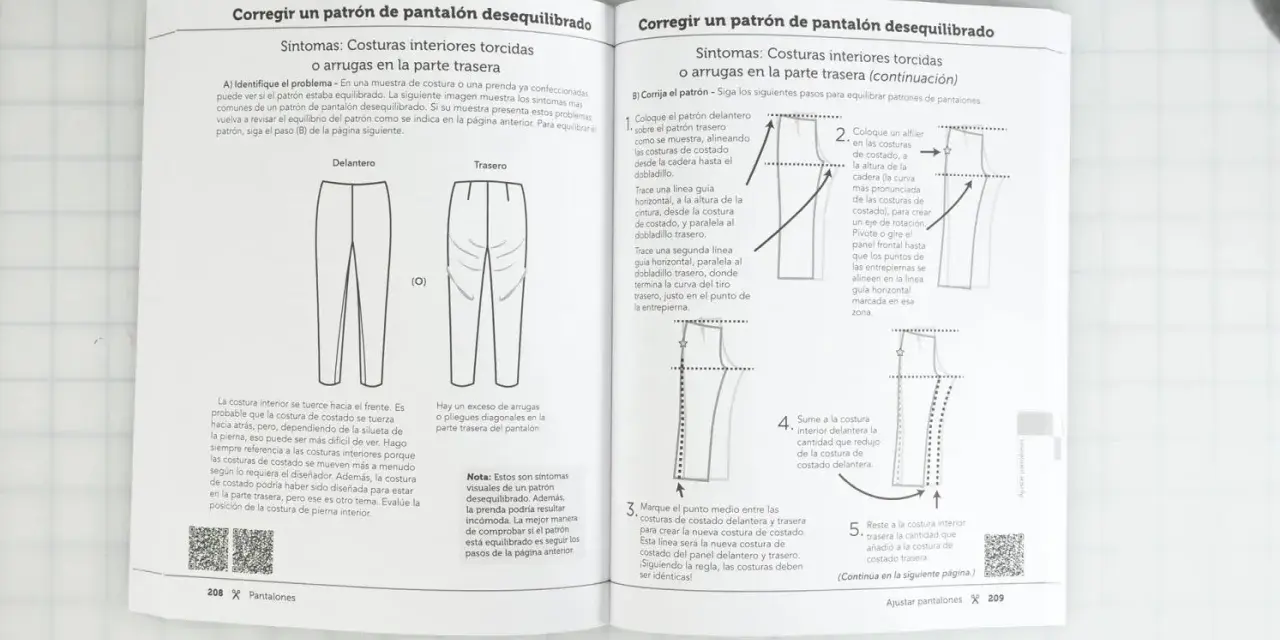 Diagramas y texto explican cómo corregir el vocabulario de costura en patrones de pantalones desequilibrados, mostrando cómo ajustar costuras para evitar arrugas.