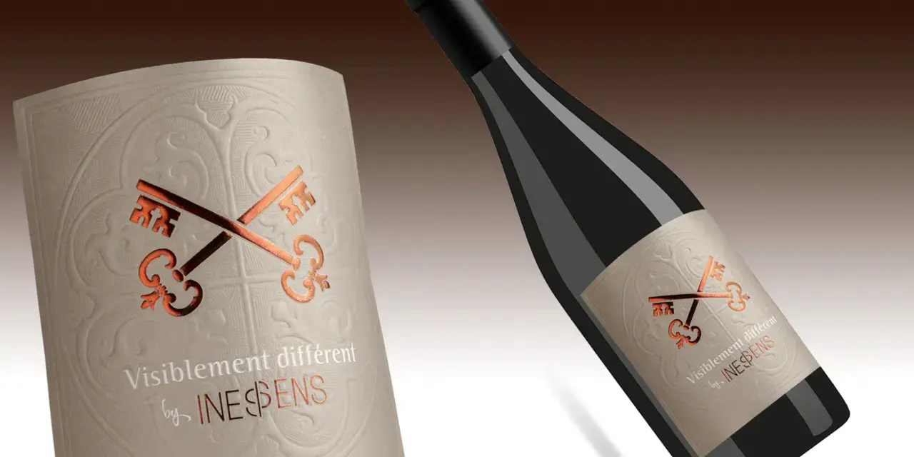 Bouteille de vin avec étiquette ornée de clés croisées, évoquant le pays d'Oc. "Visiblement différent" par INES&SENS.