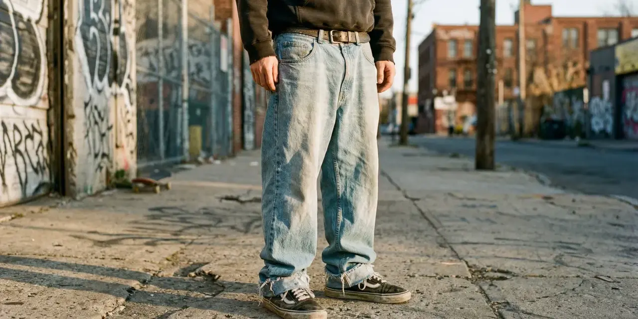 Ragazzo con baggy jeans uomo outfit, felpa scura e sneakers Vans, in un vicolo urbano con graffiti.
