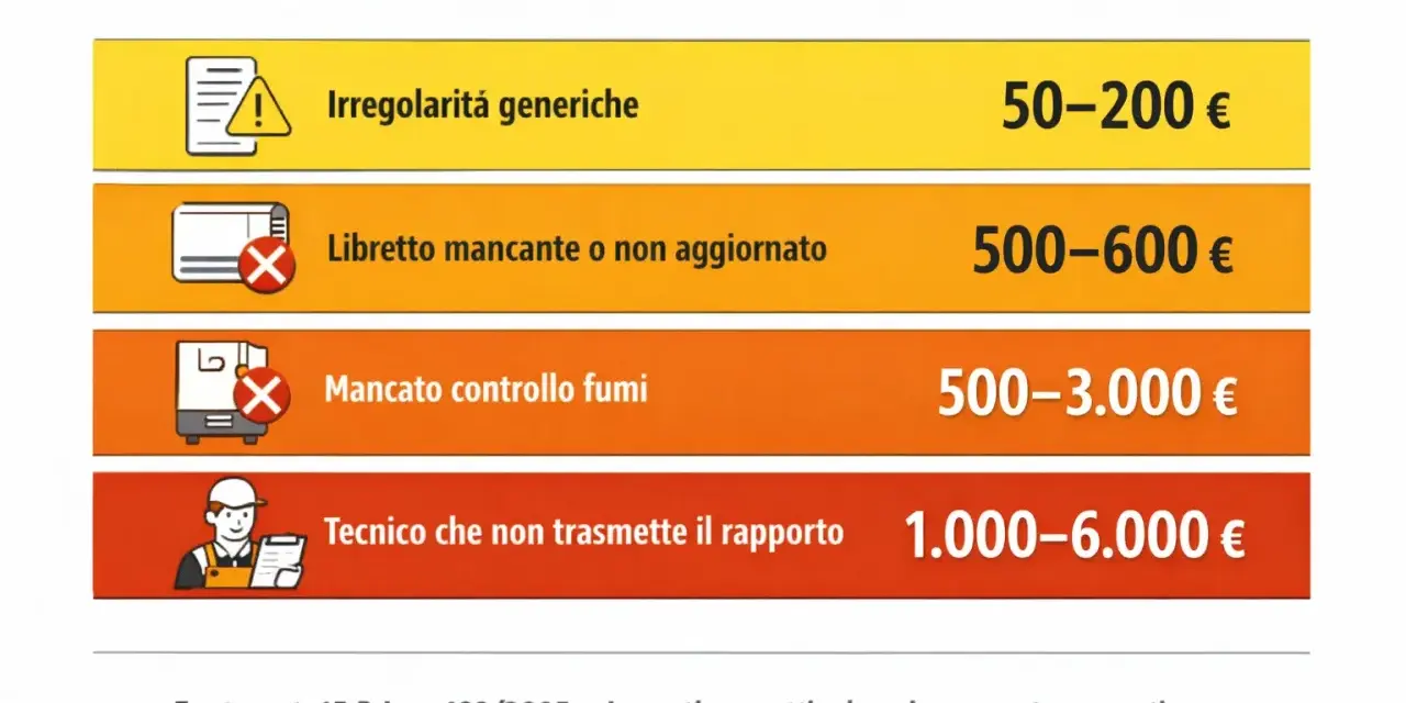 Sanzioni per mancata manutenzione caldaie: irregolarità generiche, libretto mancante, mancato controllo fumi e tecnico inadempiente comportano multe salate.
