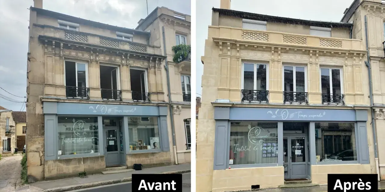 Avant/Après : une façade en pierre de taille transformée par une rénovation. L'institut de beauté "Temps Suspendu" retrouve son éclat.