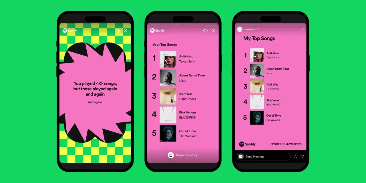 Spotify Wrapped zbiera dane do końca października. Na ekranach telefonów widać podsumowania ulubionych utworów.