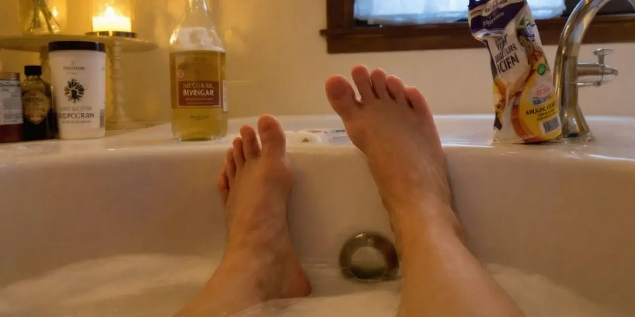 Pieds dans un bain moussant avec du bicarbonate et du vinaigre. Détente assurée pour un bain de pieds revitalisant.
