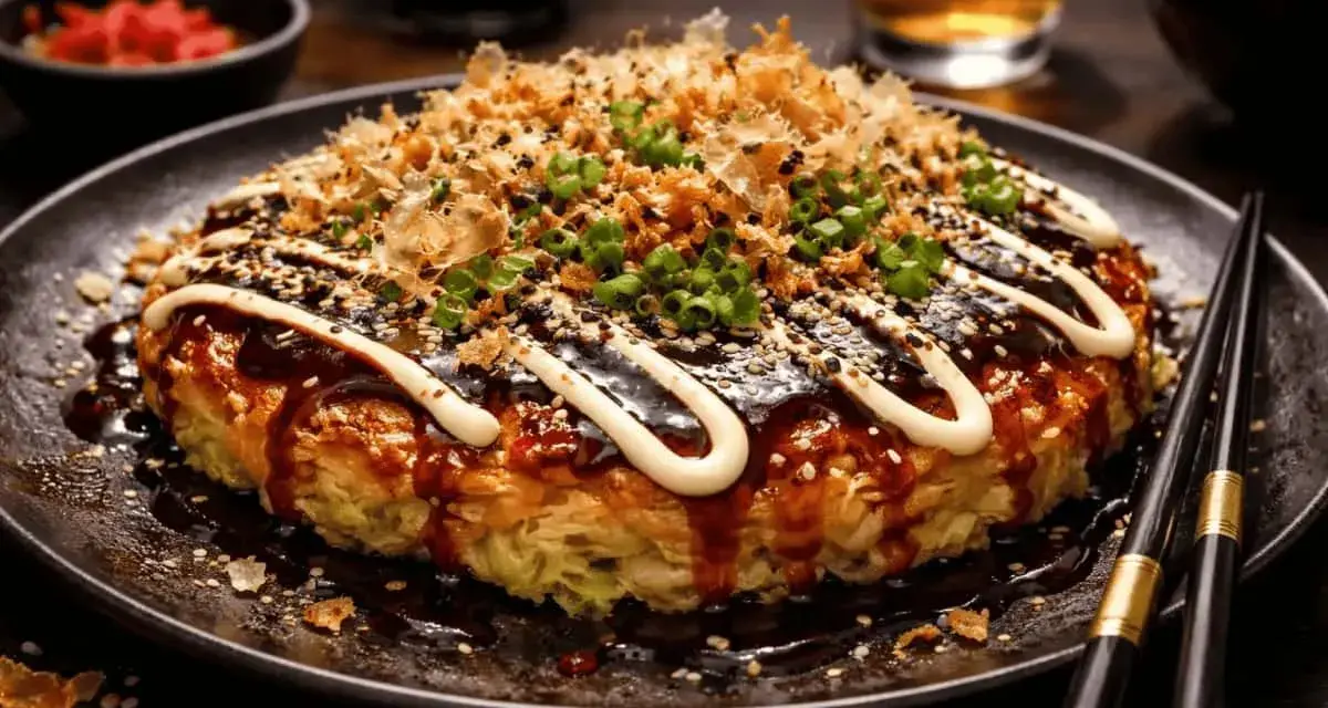 En läcker okonomiyaki med sås, majonnäs, sesamfrön och grön lök. Perfekt för ett okonomiyaki recept!