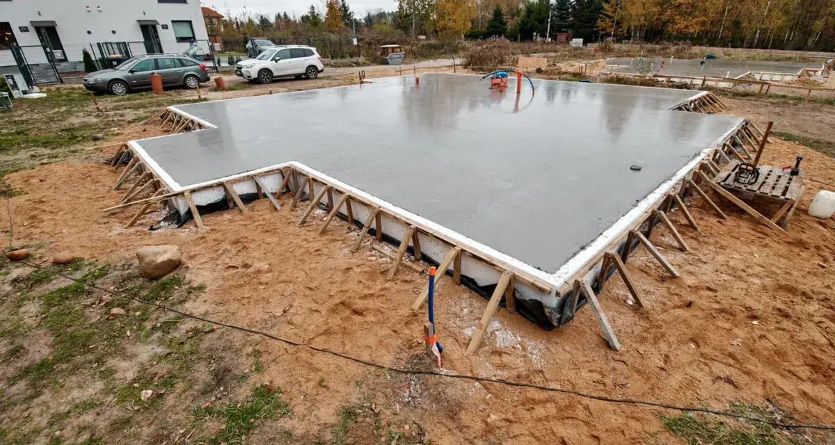 Świeżo wylany beton na budowie. To solidne, najtańsze fundamenty pod przyszły dom, otoczone drewnianym szalunkiem.
