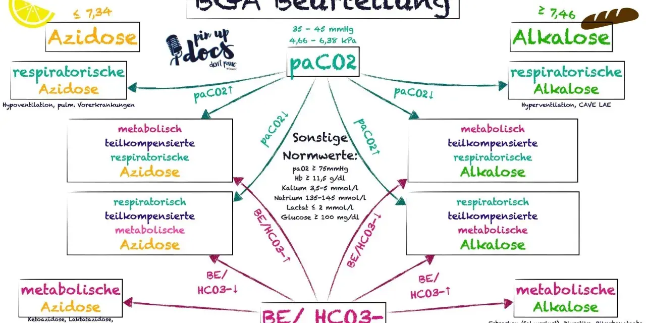 Schema zur BGA Interpretation: Azidose/Alkalose, paCO2 & BE/HCO3- Werte und deren Ursachen.