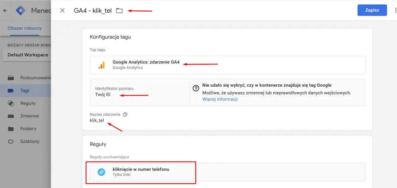 Konfiguracja tagu Google Analytics GA4. Nazwa zdarzenia: klik_tel. Reguła uruchamiająca: kliknięcie w numer telefonu.