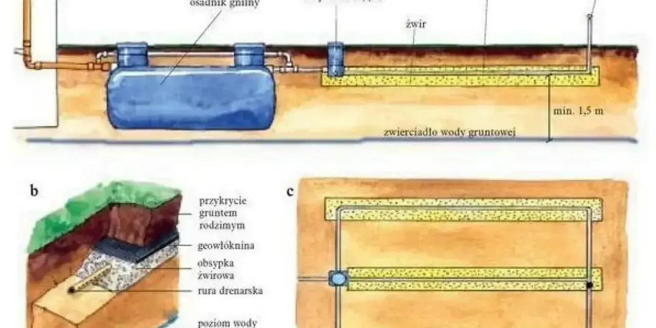 Schemat pokazuje, jak działa oczyszczalnia ścieków: osadnik gnilny, studzienka rozprowadzająca, rury drenażowe i kominek napowietrzający.