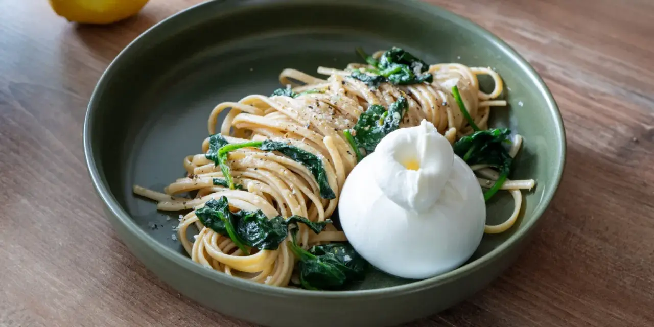 Pasta mit Spinat und einer cremigen Burrata, verfeinert mit einer leichten zitronensauce. Ein Genuss!