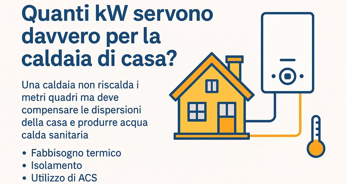 Caldaia di casa: quanti kW servono? L'immagine illustra una casa, una caldaia e un termometro, suggerendo che la potenza della caldaia dipende da fabbisogno termico, isolamento e uso ACS.