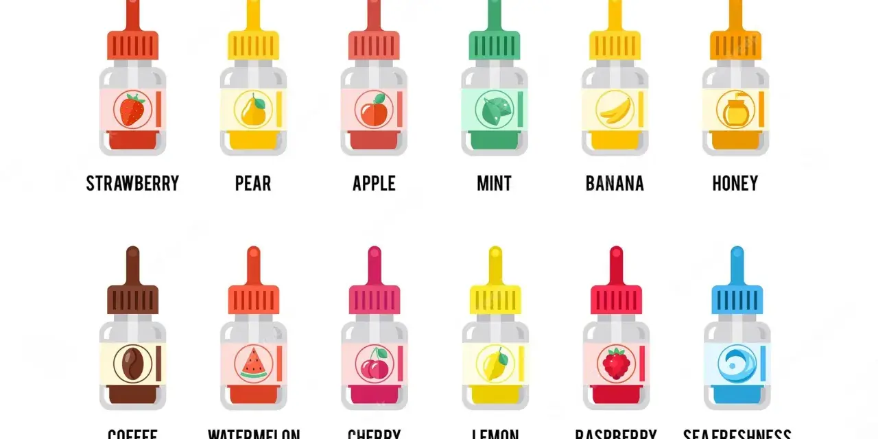 Botellas de líquidos para vapear con sabores: fresa, pera, manzana, menta, plátano, miel, café, sandía, cereza, limón, frambuesa y "sea freshness". El propilenglicol es malo.