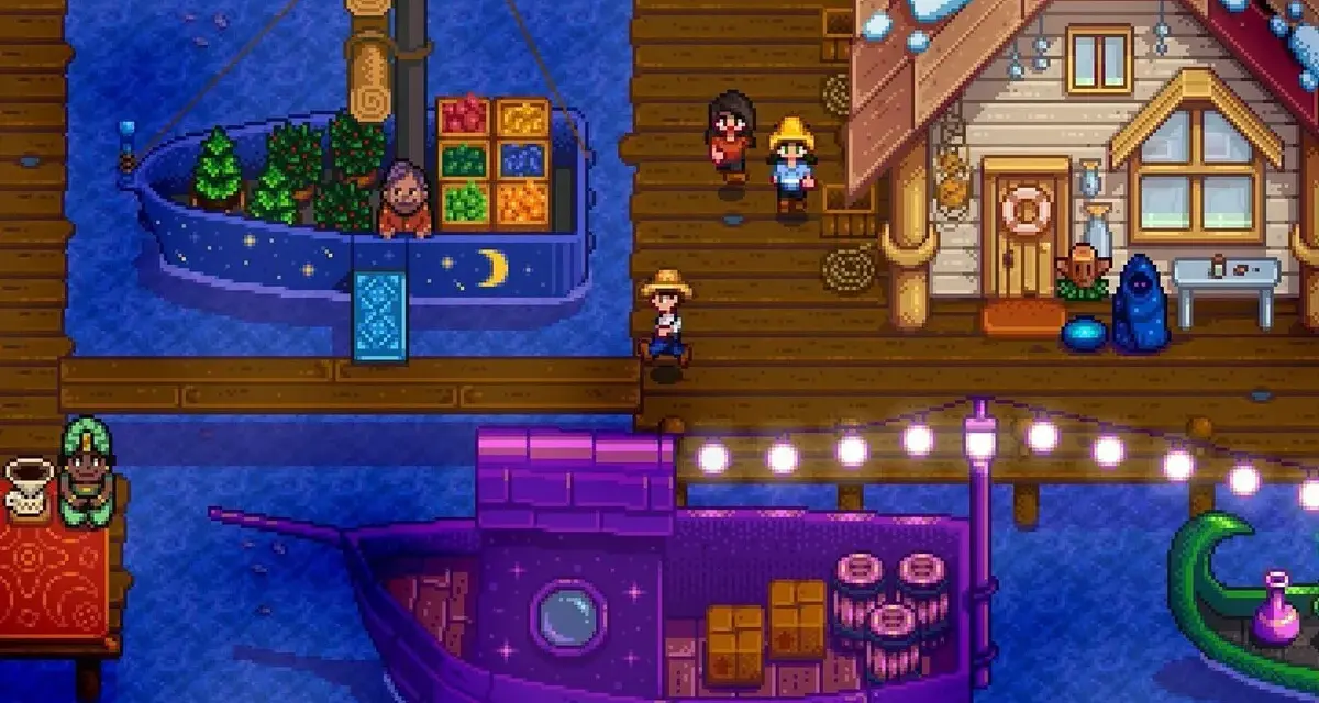Un muelle de Stardew Valley con barcos, un puesto de comercio y personajes. ¡Una guía visual para tus aventuras!