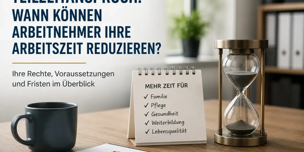 Ein Arbeitsvertrag, eine Kaffeetasse und eine Sanduhr symbolisieren den Wunsch, die Arbeitszeit zu reduzieren für mehr Zeit für Familie, Pflege, Gesundheit und Lebensqualität.