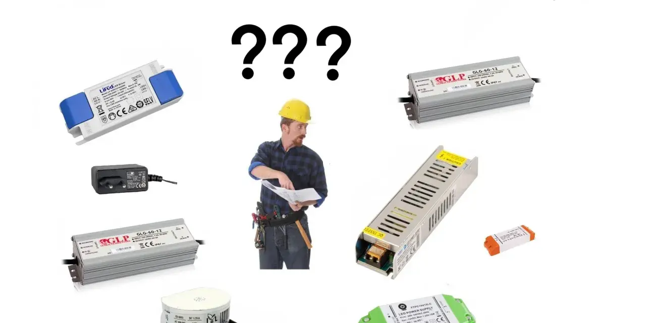 Jaki zasilacz do LED? Różne zasilacze do taśm LED, od małych po większe, z budowlańcem w tle.