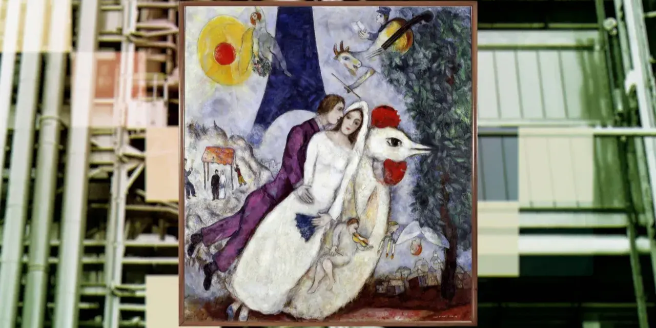La mariée Chagall, vêtue de blanc, s'envole avec son amour sur un coq blanc, sous un soleil rouge et une tour Eiffel. Un violoniste et des chèvres jouent dans le ciel.