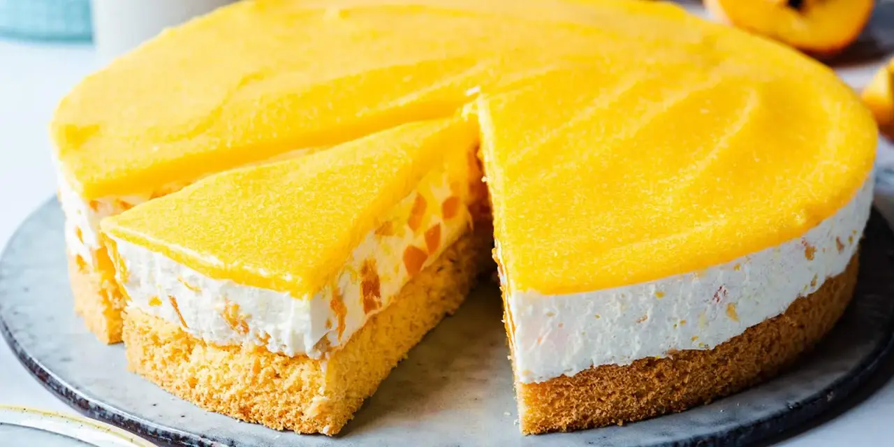 Eine saftige Pfirsich Maracuja Torte mit Biskuitboden, cremiger Füllung und fruchtigem Topping. Ein Stück ist bereits angeschnitten.