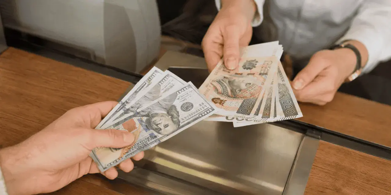 Dwie ręce wymieniają banknoty. Jedna trzyma banknoty 100 dolarów, druga polskie 200 złotych.