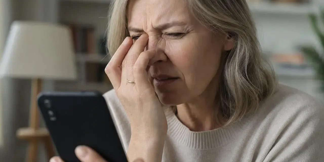 Donna anziana con disturbi visivi, forse cerchi luminosi, si tocca gli occhi mentre guarda uno smartphone.