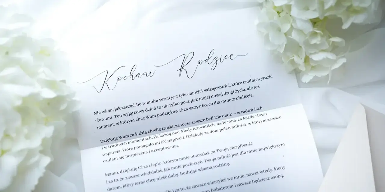 List do rodziców z podziękowaniami. Białe kwiaty i elegancka koperta tworzą tło dla wzruszających słów.