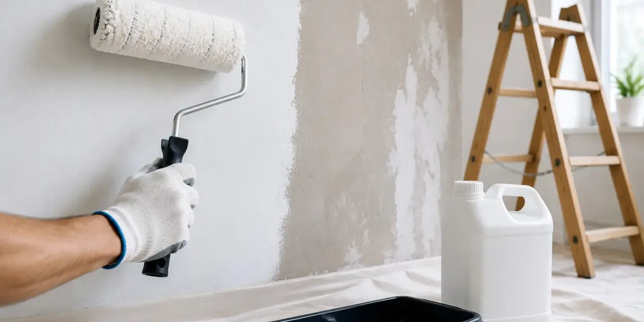 Mano guantata stuccare una parete prima di pitturare con rullo. Attrezzi da lavoro e scala sullo sfondo.