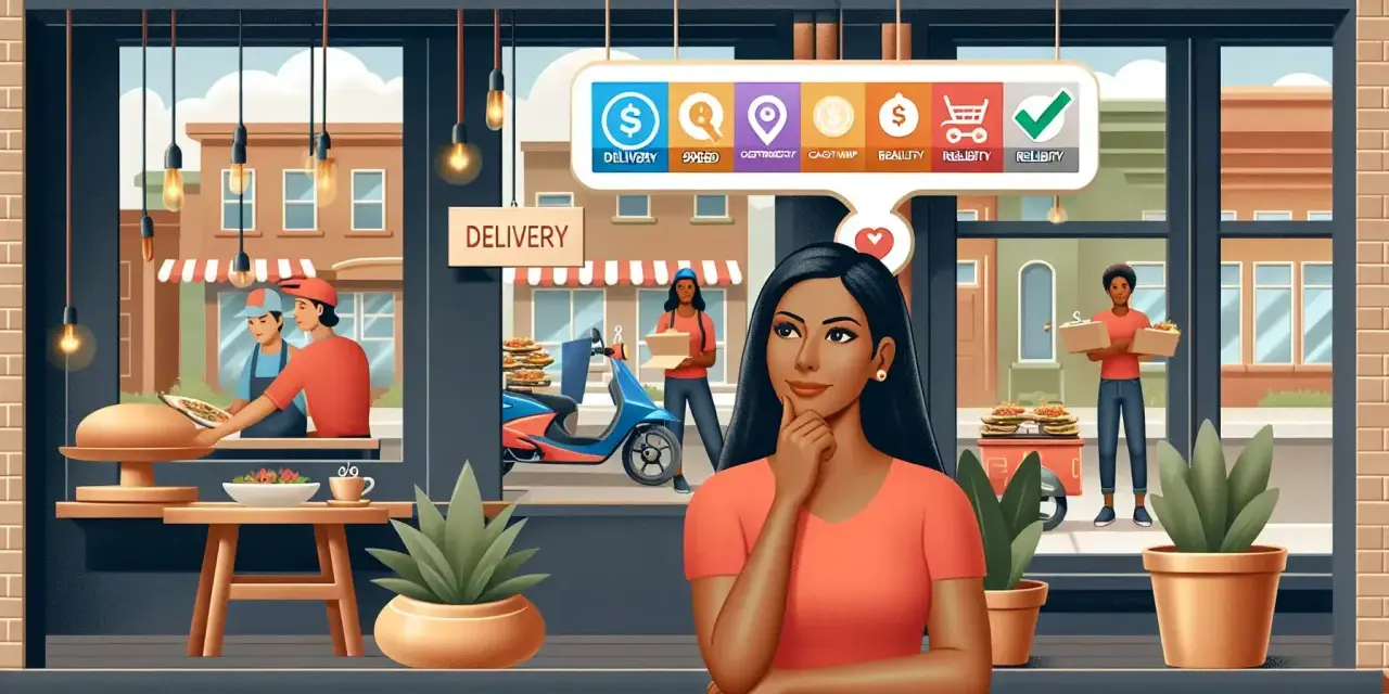 Mujer pensando en opciones de software de reparto a domicilio: entrega, velocidad, mapa, precio y fiabilidad.