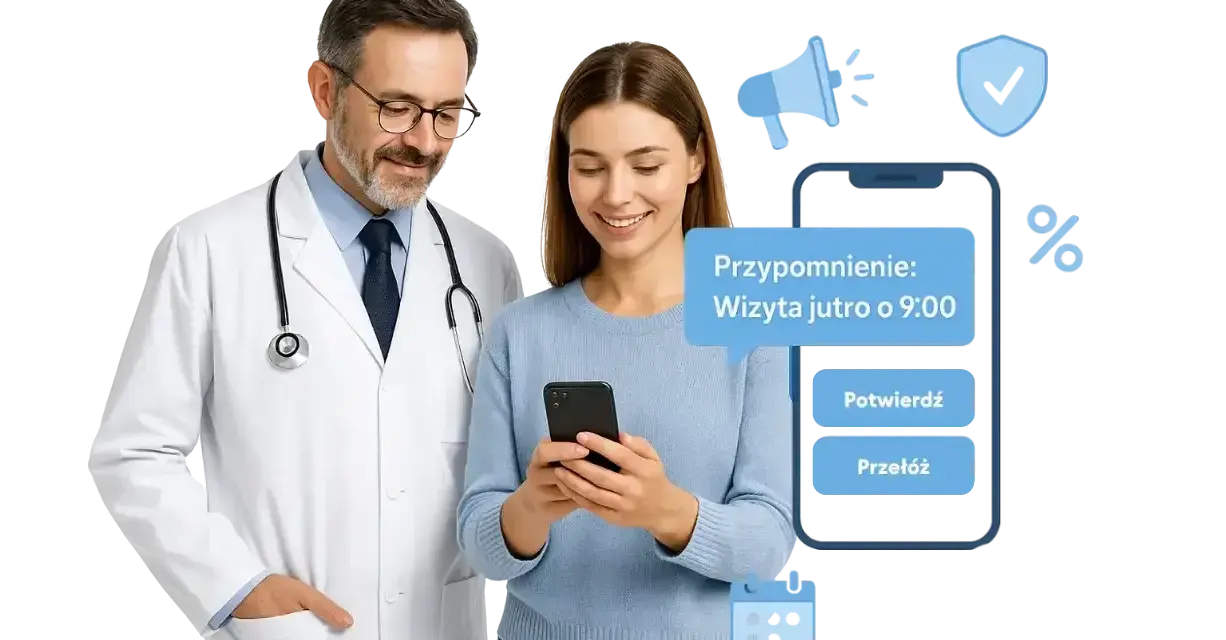 Lekarz i pacjentka korzystają z telefonu. Na ekranie przypomnienie o wizycie, a obok ikony symbolizujące asystenta medycznego.