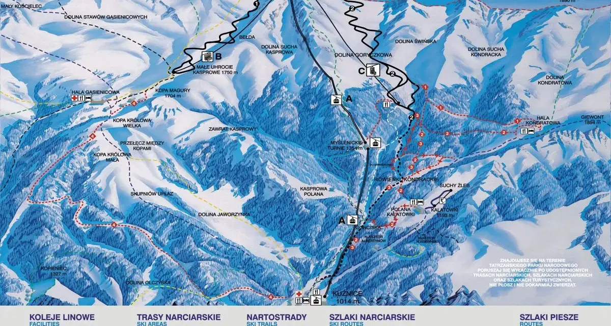 Mapa Tatr z zaznaczonymi trasami narciarskimi i pieszymi. Widoczna Dolina Goryczkowa, Kasprowy Wierch i szlaki.