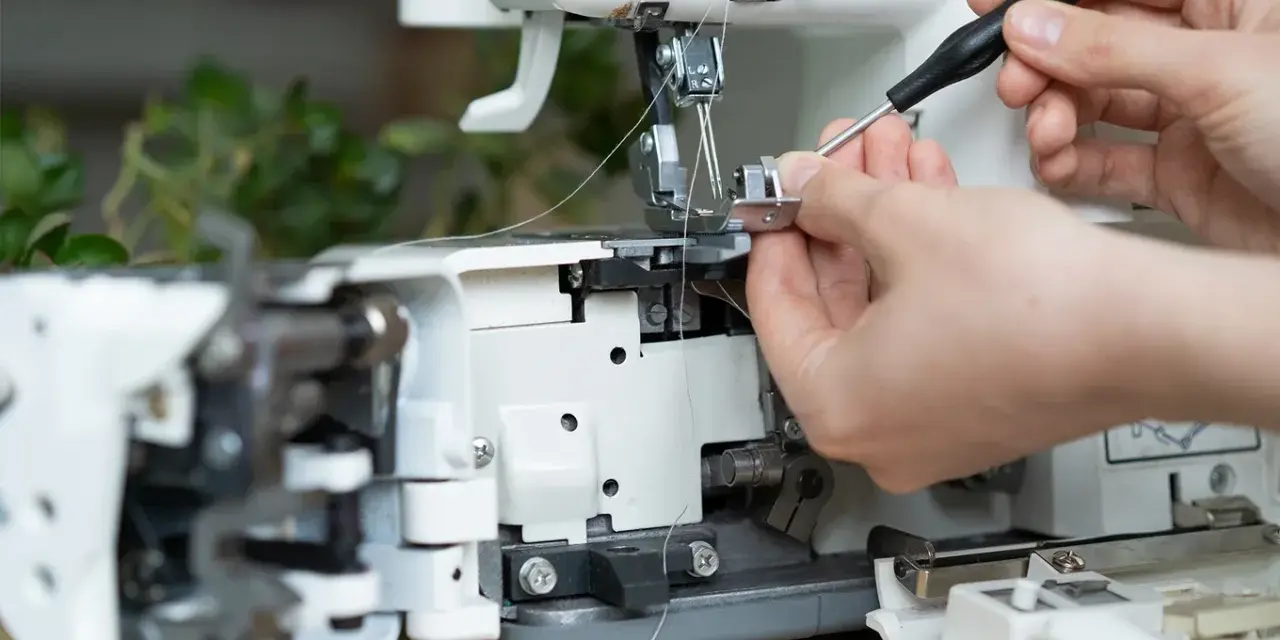Dłonie regulują maszynę do szycia, używając śrubokręta. Widać fragmenty mechanizmu i nitki, a także pasek napędowy.